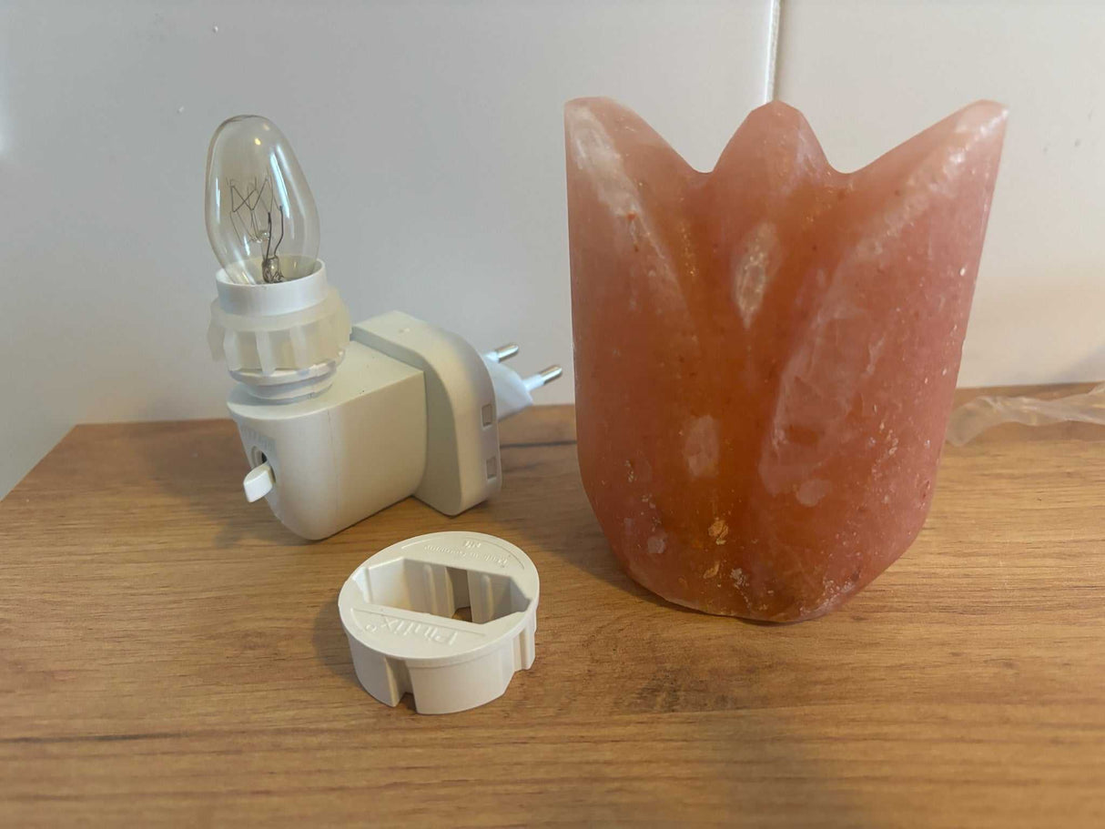 Himalaya zoutsteen nachtlampje in tulpvorm met warm licht en draaibare pinfix adapter