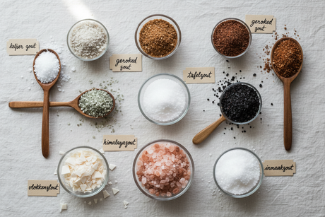 Diverse zoutsoorten met toepassingen in koken, decoratie en smaakverbetering van gerechten