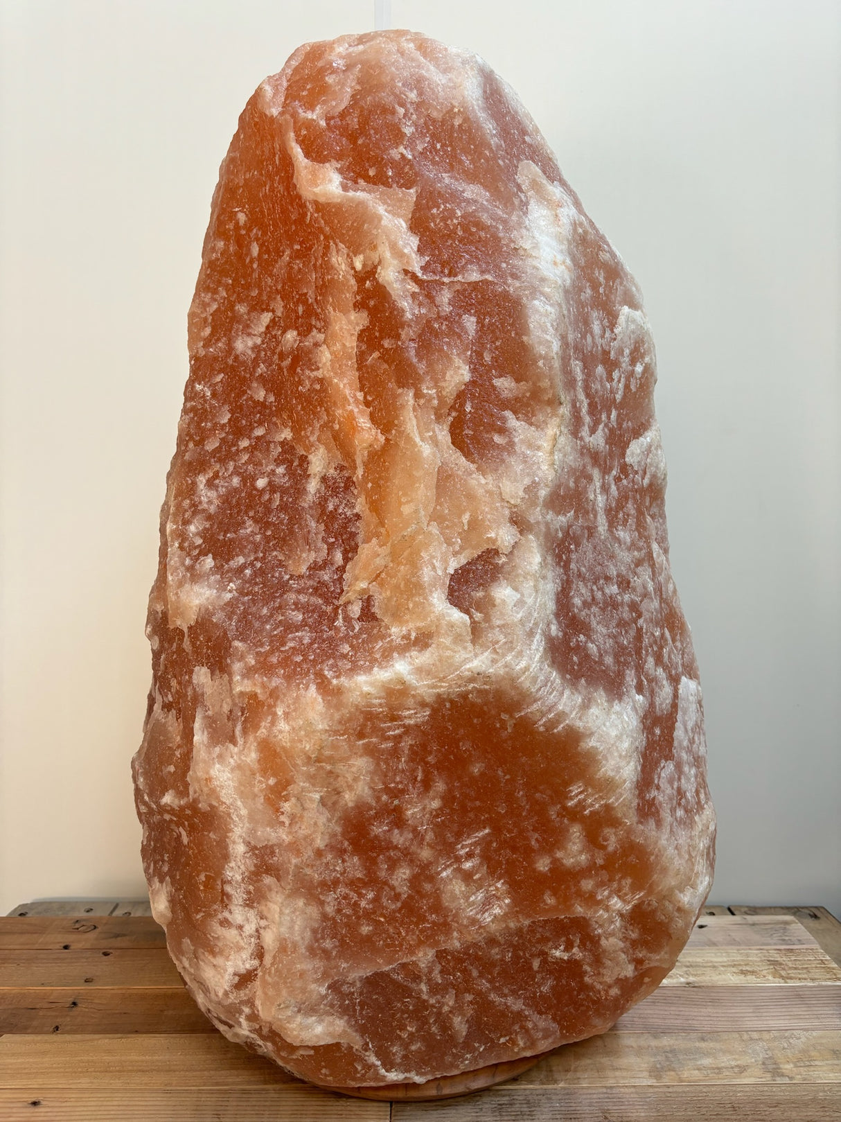 Himalaya XL zoutlamp licht 120–140 kg op houten voet met natuurlijke oranje kleur