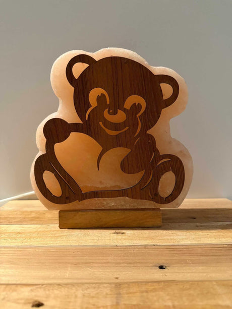 Himalaya zoutlamp beer 3D met warme gloed en houten voet