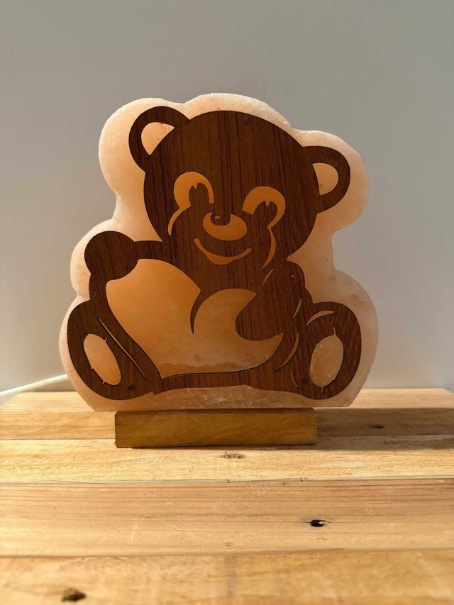 Himalaya zoutlamp beer 3D met warme gloed en houten voet