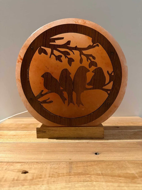 Himalaya zoutlamp vogels 3D, handgemaakt, met warm licht en houten voet