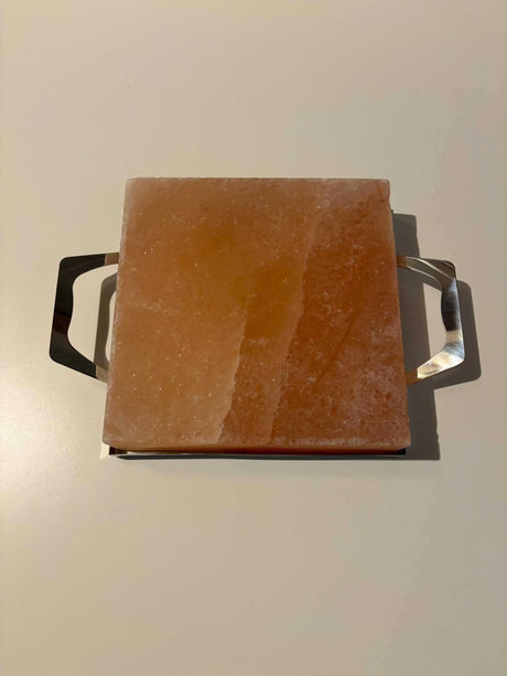 Himalaya zoutsteen kookplaat vierkant met RVS frame, 20x20x4 cm, geschikt voor BBQ en ovengebruik